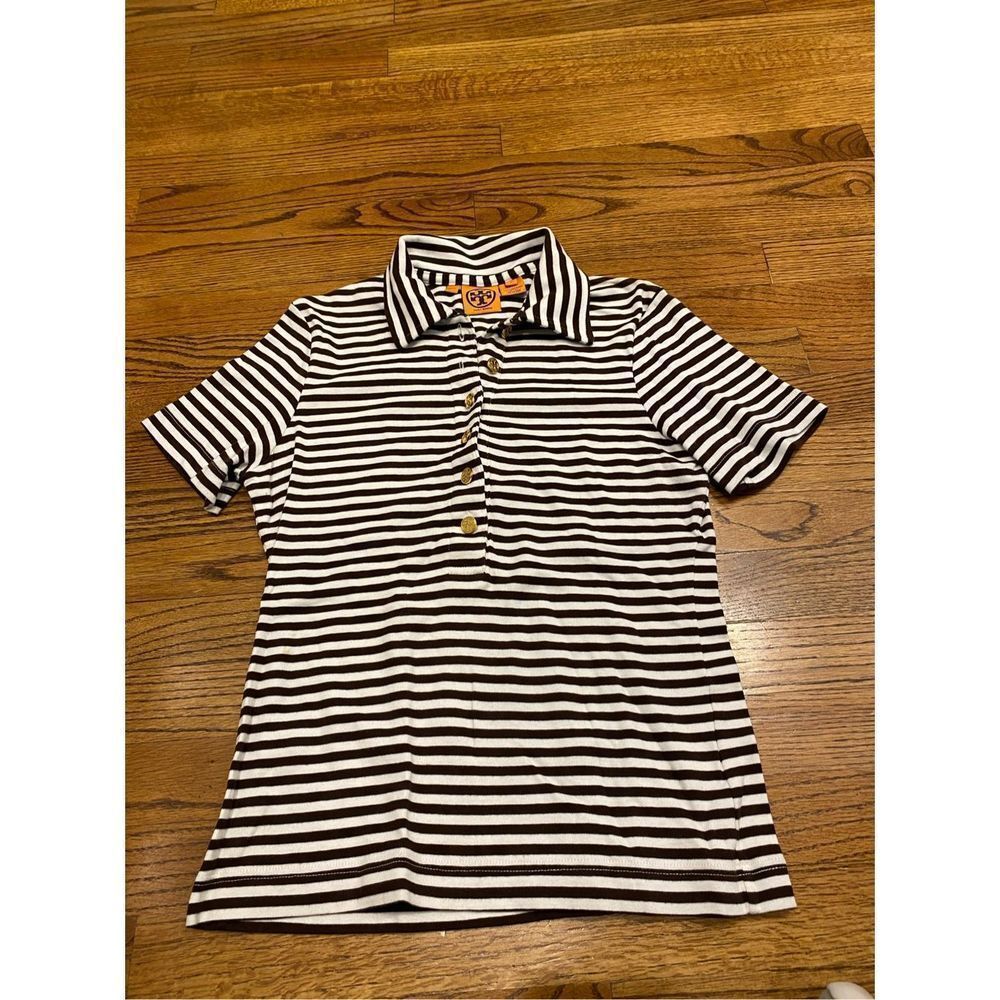 OG Tory Burch striped polo logo gold buttons MEDIUM